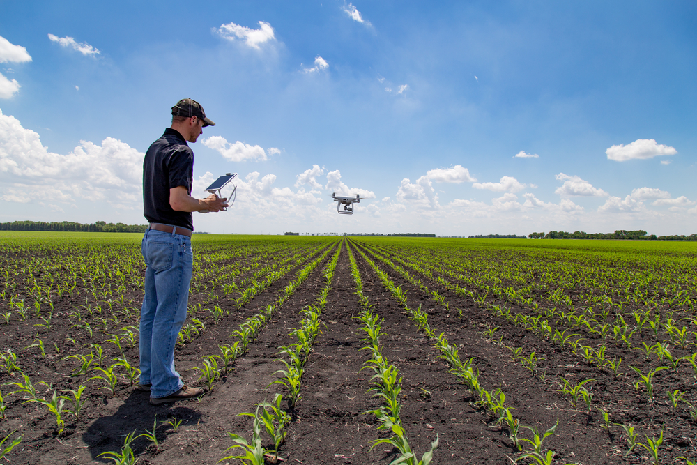 A person standing in a field, looking at a device that is tracking a drone seen in the distance