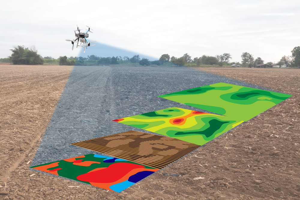 Smart agriculture concept photo showing the infrared uses of drones in farming for high definition soil mapping/planting, con